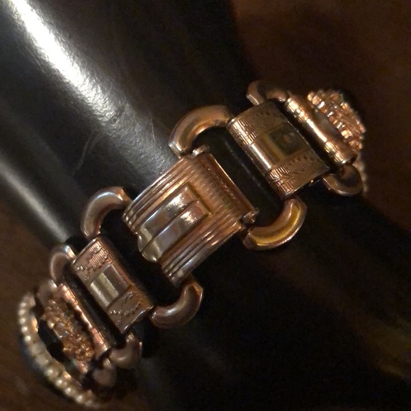 Vintage Jet Black Art Glass Rhinestone and Faux Pearl Bracelet - Picture 4 of 13